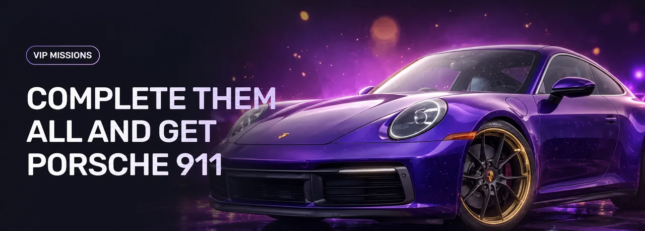WooCasino VIP missions banner showing the Porsche 911 top-tier prize