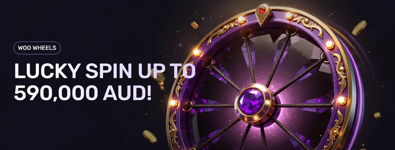 WooCasino WOO Wheels banner: lucky spin up to 590,000 AUD